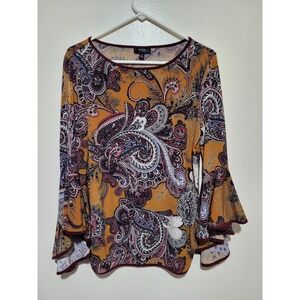 MSK Paisley Blouse Womens Medium Mustard Yellow Tiered Bell Sleeve